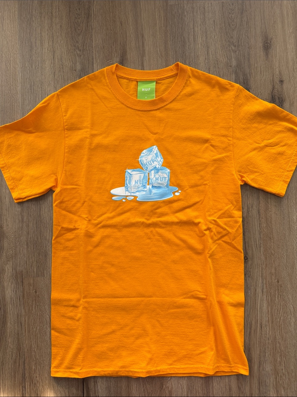 HUF Orange Tee with Blue Ice Cube Graphic
